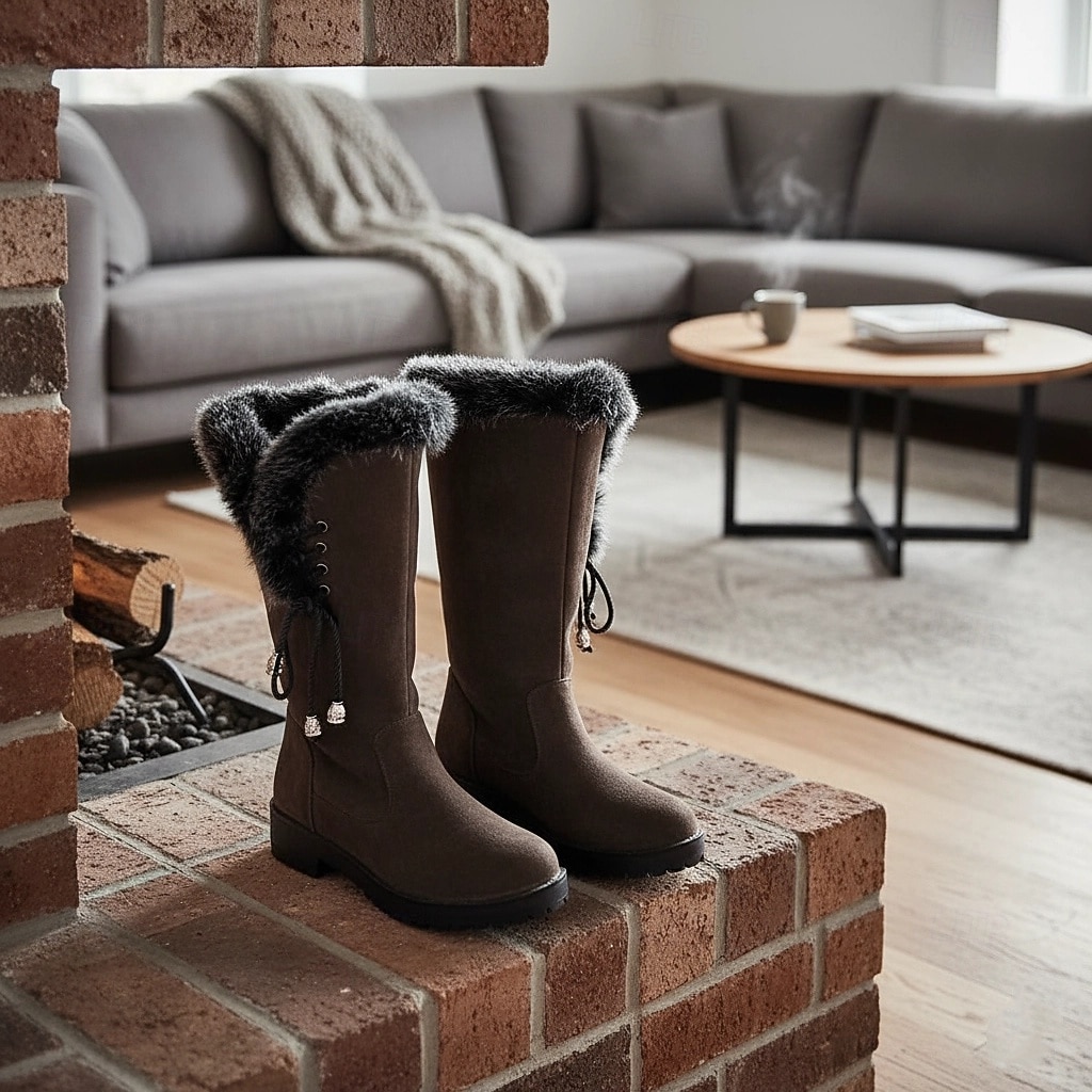 Жен. Ботинки Зимние сапоги Замшевые туфли Повседневные Однотонный На флисе Сапоги до середины икры Шнуровка На толстом каблуке Круглый носок Минимализм Нубук Искусственная замша Шнуровка 2025 - $59.99 –P3