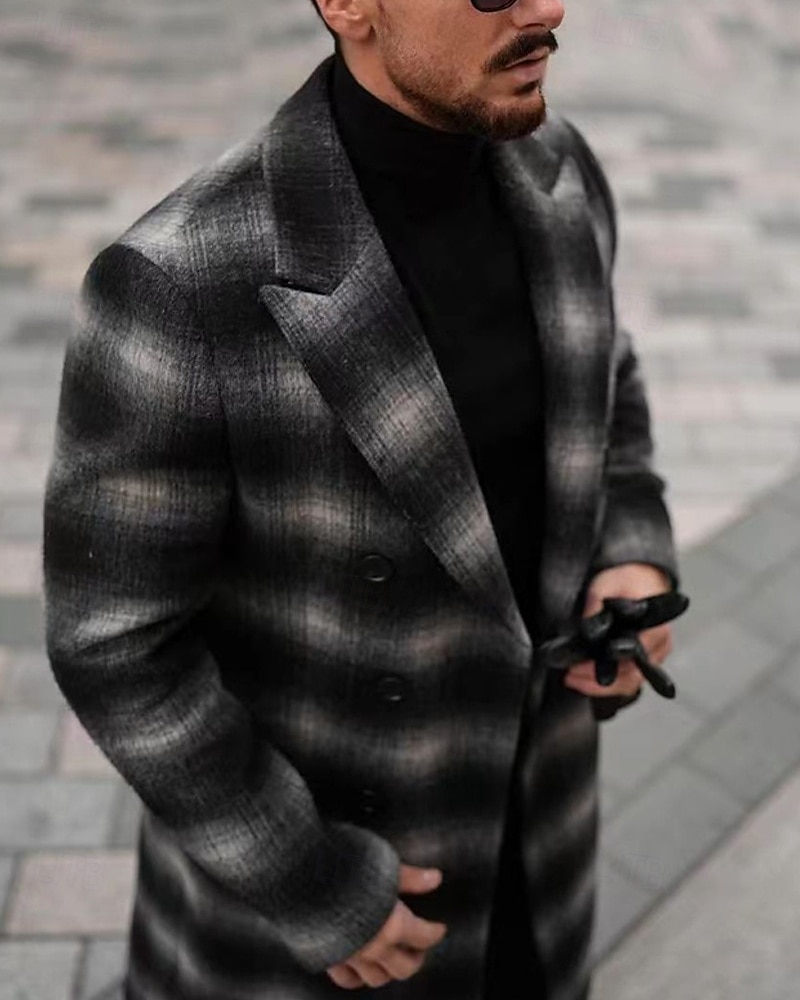 Men's Overcoat Trench Coat Long Trench Coat Vacation Daily Fall Winter Polyester Windproof Warm Outerwear Clothing Apparel Fashion Classic Plaid Pocket Lapel Open Front 2026 - $69.99 –P5