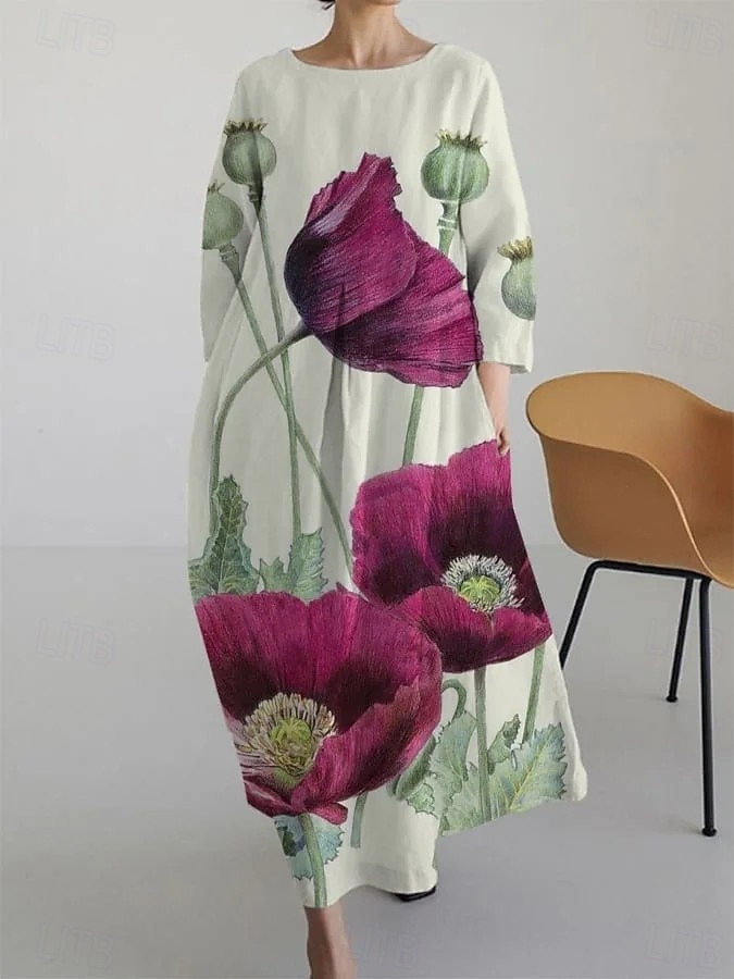 Dam Maxiklänning A linjeklänning Fit And Flare Klänning party Födelsedag Ledigt Fest Kontor Bröllopsgäst Lös passning Blommig Grafisk Långärmad Rund hals Gul Rubinrött Blå Grön Vår Höst Vinter 2025 - $38.99 –P1