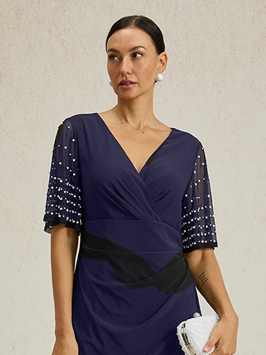 Femmes Robe maxi Robe fourreau Élégant Couleur Unie Manche Courte Col en V bleu marine Été Printemps Automne de 2025 ? $129.99 –P2