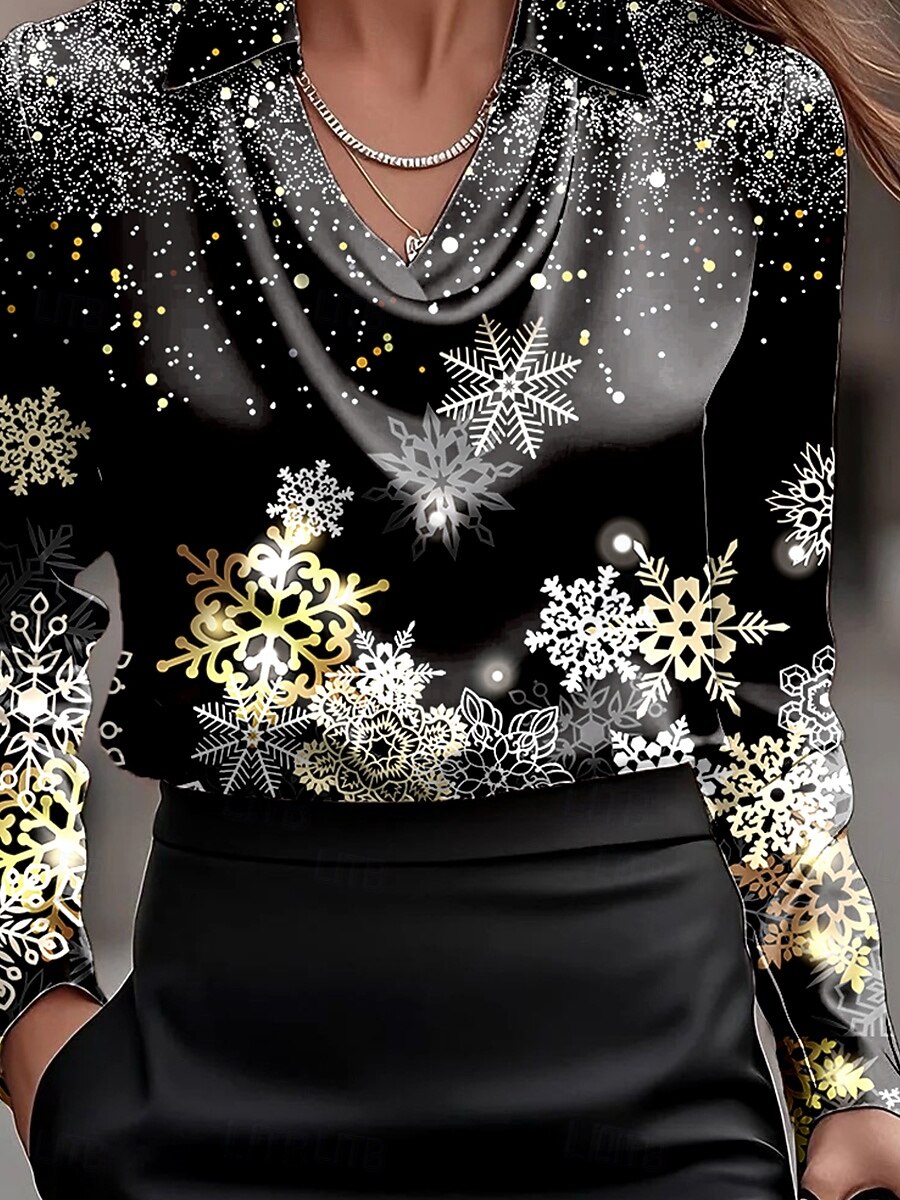 Weihnachten Damen Hemd Ombre Grafik Schneeflocke Elegant Stilvoll Lässig Langarm Wasserfallausschnitt Normale Oberteile Arbeit Party-Abendmode Täglich Gerafft Drapiert Schwarz Herbst Winter 2025 - $29.99 –P3