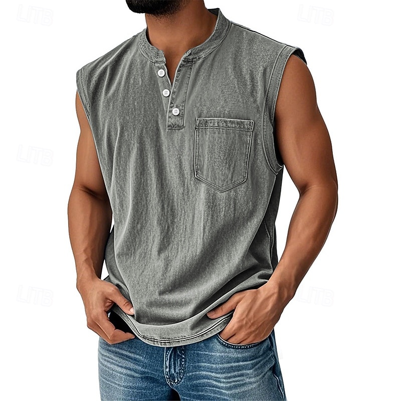Regata masculina, camiseta sem mangas, camisa de algodão sem mangas, henley, verão, lisa, designer de moda, básica, bolsos, botões, férias, rua, saída, preta, verde claro, rosa, camiseta para homens de 2025 por GBP £18 –P16
