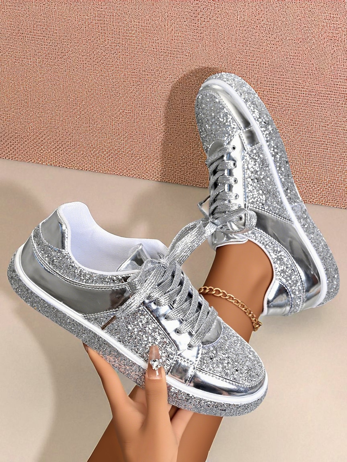Damsneakers med guldfärgad glitter – glänsande snörskor med glittrig design för nattliv, klubbar och fester 2026 - $42.99 –P5