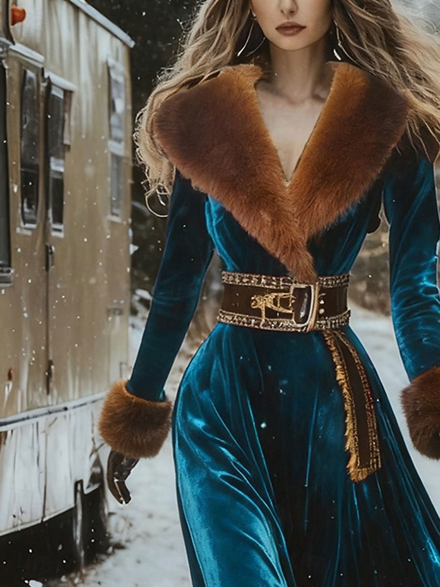 Damen Maxikleid A Linie Kleid Lässig Täglich Normale Passform Einfach Ethnisch Langarm V Ausschnitt Blau Herbst Winter 2025 - $46.99 –P2