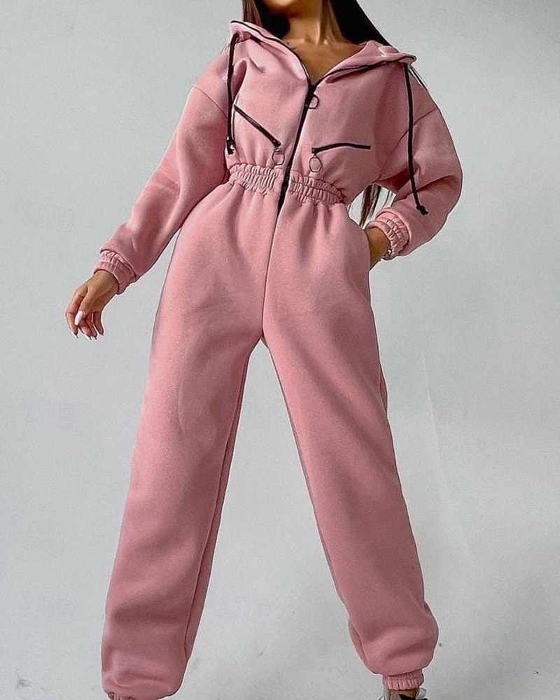 Női Szabályos Jumpsuitek Utcai sikk Színes Hosszú ujj Kapucni Kollázs Cipzár Utca Napi Normál Fehér Arcpír rózsaszín Medence Ősz 2025 - $27.99 –P12
