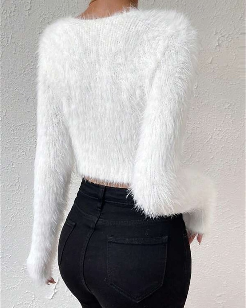 Femmes Pull Mode Occasionnel Couleur Unie Côtelé Col en V Tricoté manche longue Hauts Réguliers Tricoter Extérieur Quotidien Week-end Noir Blanche Automne Hiver de 2025 ? $27.99 –P16