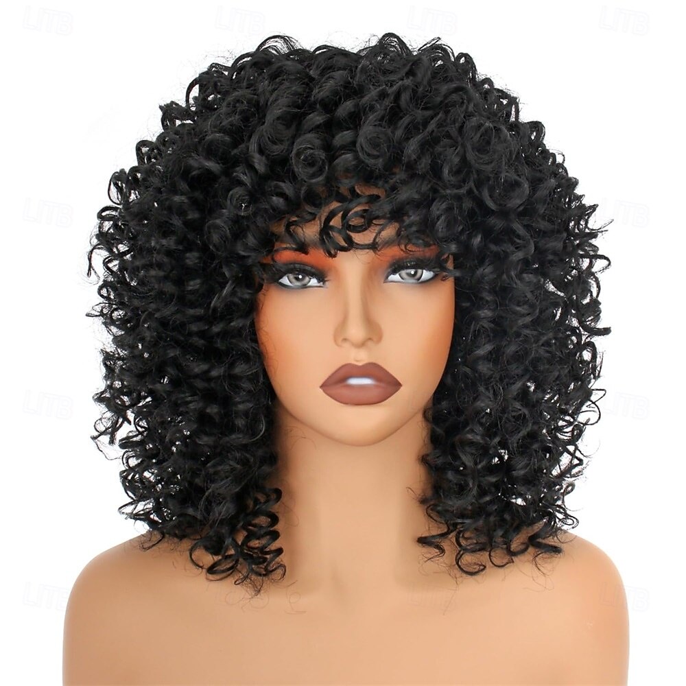 14-calowe czarno-brązowe kręcone peruki dla kobiet, krótkie, kręcone peruki afro z grzywką, naturalne, miękkie, sprężyste, puszyste, odporne na ciepło, syntetyczne włosy peruka z lat 70. na co dzień 2026 - $24.99 –P8