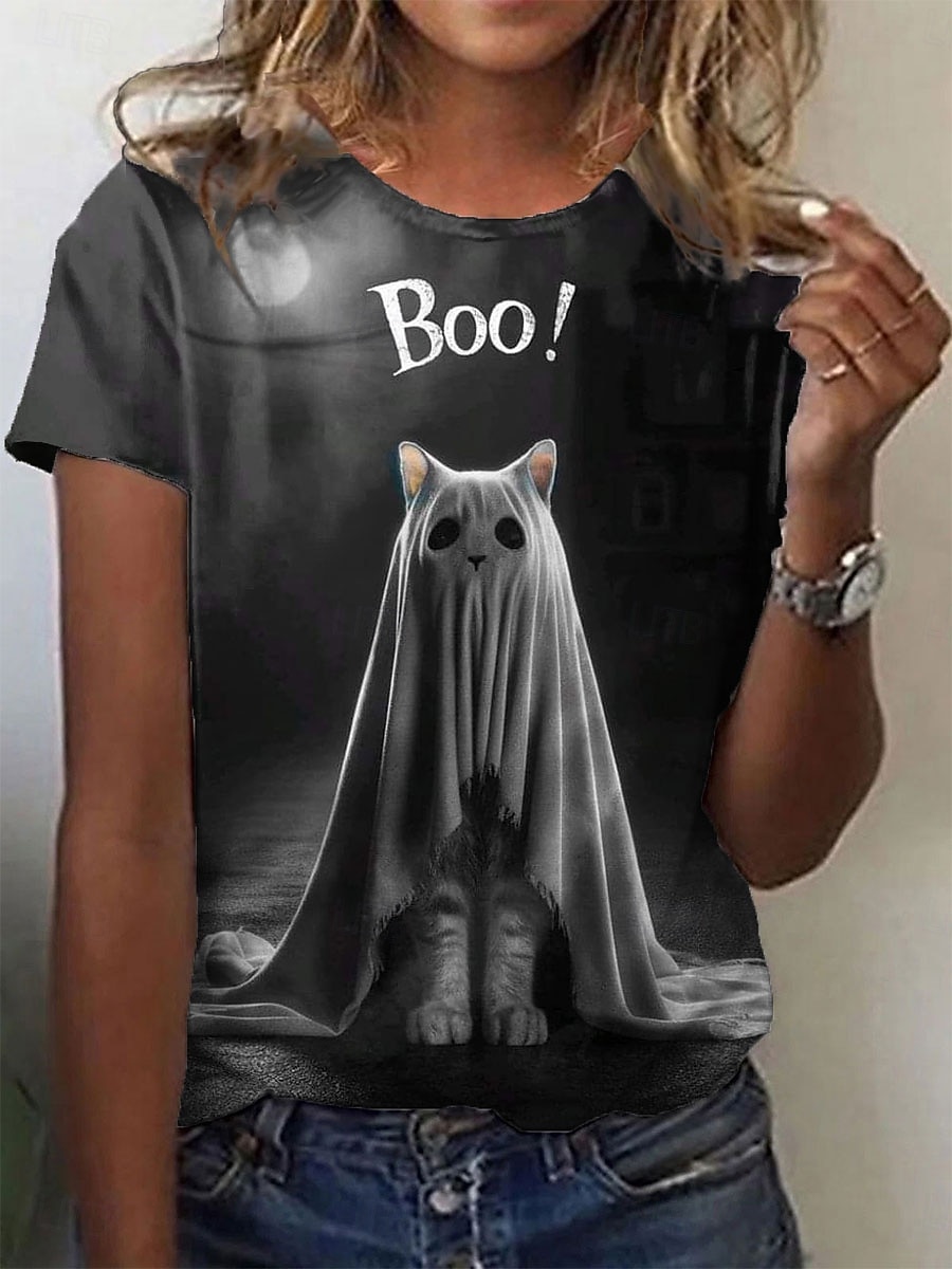 Women's T Shirt Graphic Cat Ghost Vintage Stylish Classic Short Sleeve Crew Neck Regular Tops Daily Going out Weekend Print Black Summer Fall 2026 - $22.99 –P1