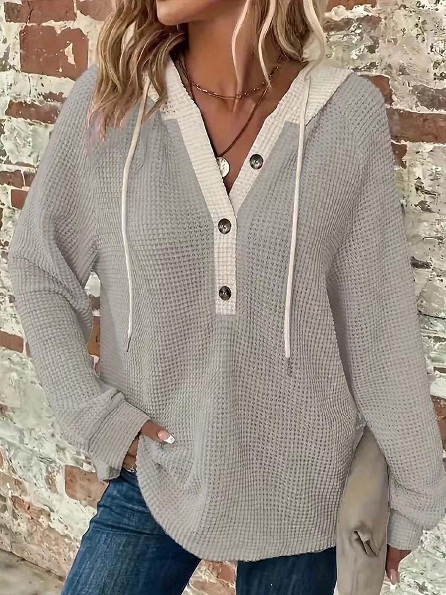 Mujer Blusa Retazos Botones Color sólido Elegante Casual Manga Larga Con Capucha Tops regulares Diario Negro Blanco Rosa Gris Primavera Otoño Invierno 2026 - $33.99 –P11