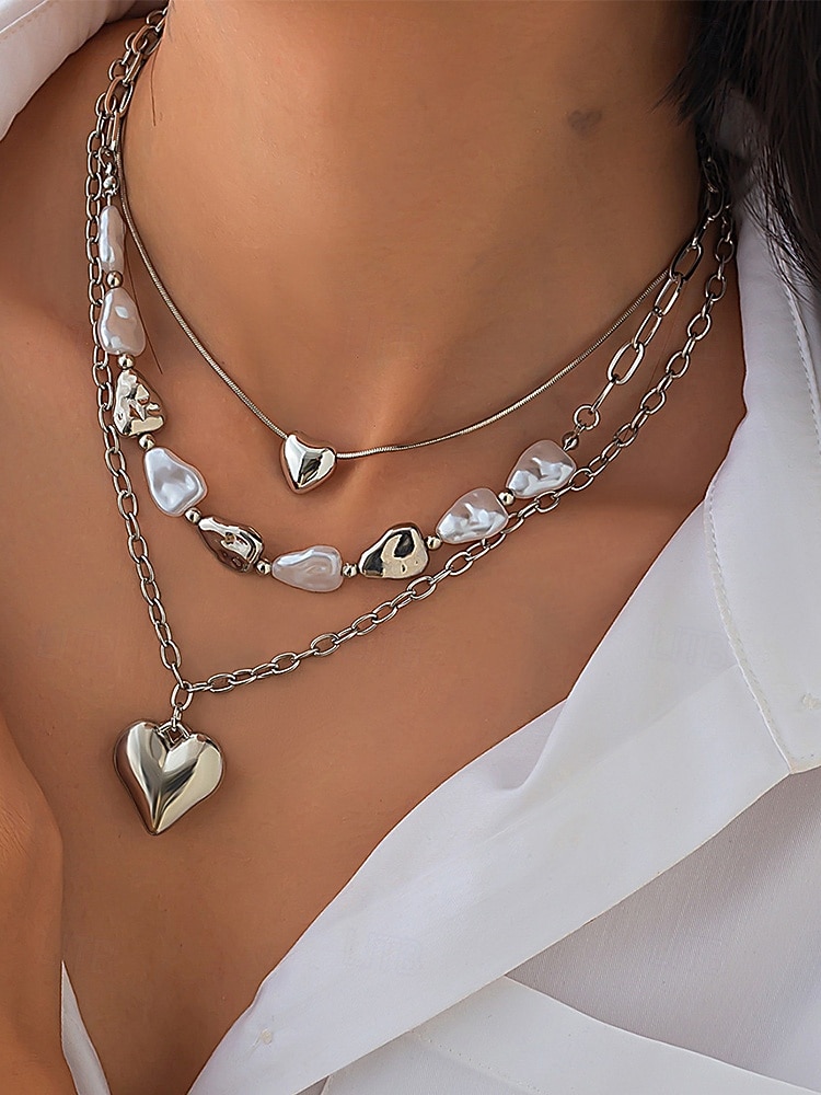 Damen-Mehrfachkette mit Herzanhänger – goldenes Kettenhalsband mit Perlenakzenten, Modeschmuck für Partys, Verabredungen und den Alltag 2025 - $9.99 –P4