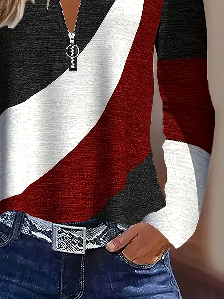 Femmes T-shirt Fermeture éclair Imprimé Graphique Géométrique Bloc de Couleur ancien Élégant Classique manche longue Col en V Hauts Réguliers Quotidien Week-end Vin Automne Hiver de 2026 ? $25.99 –P3