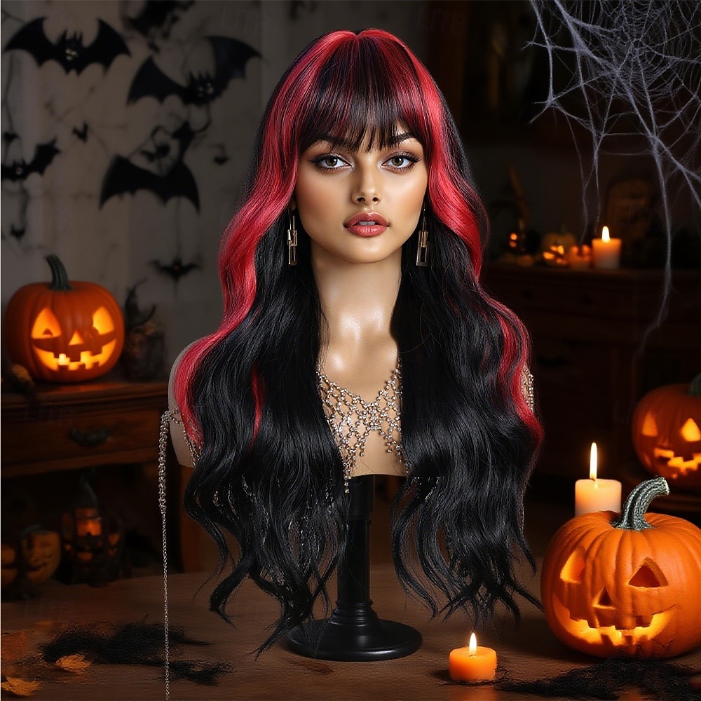 Synthetische Perücken Bodywave Gewellt Mittelscheitel Gerader Pony Perücke 26 Zoll Schwarz / Rot Synthetische Haare 26 Zoll Damen Weich Bequem Mehrfarbig 2025 - $34.99 –P2