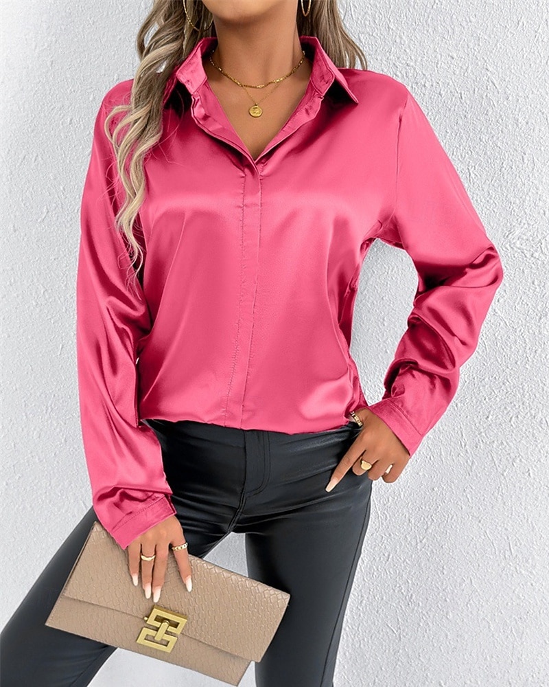 Per donna Camicia Camicia in raso Tinta unica Elegante Casual Manica Lunga Colletto a Camicia Top Regolari Quotidiano Uscire Bottoni Rosa Viola Verde Primavera Autunno del 2025 a $16.99 –P13