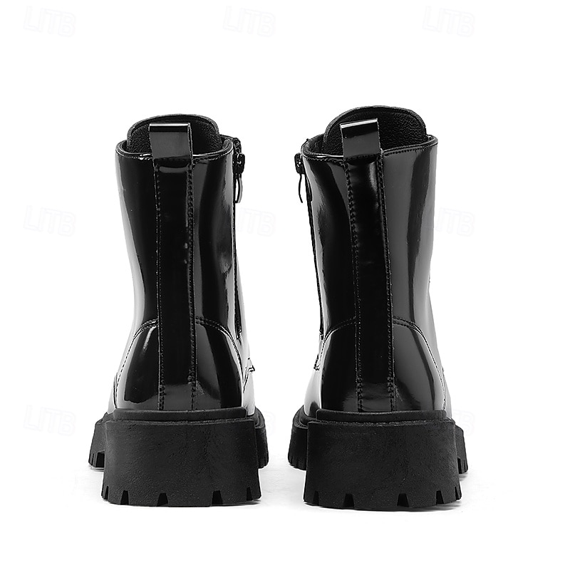 Botas con cordones para hombre de piel negra brillante con suela gruesa: imprescindibles para motociclistas, entusiastas del rock, estilo urbano informal y moda actual. 2026 - $54.99 –P4
