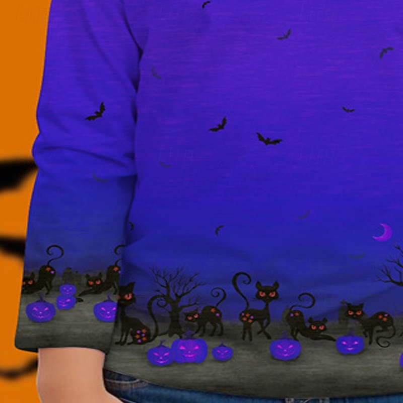 חג ליל כל הקדושים בנות תלת מימד דלעת חולצה קצרה טישירט שרוול ארוך אביב סתיו אופנתי בסיסי ילדים 4-12 שנים צווארון עגול קצר בָּחוּץ קזו'אל יומי רגיל 2025 - $13.99 –P6
