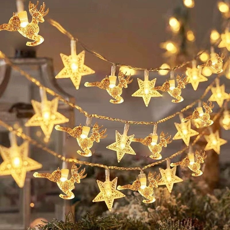 2025年 クリスマス LED スノーフレーク エルク スター フェアリー ストリングライト 10/20/40LED 新年 ウェディング ガーランドライト 電池式 ホリデーパーティー 雰囲気 デコレーション  コレクション – $12.99 –P3