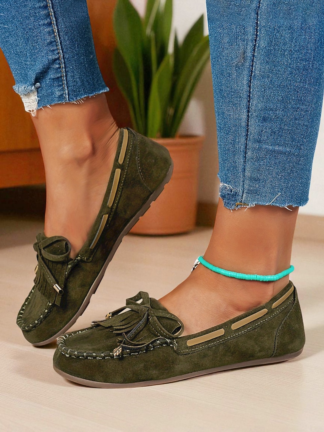 Mocasini damă verde militar din piele întoarsă artificială cu ciucure și franjuri – pantofi sport casual pentru purtare zilnică și plimbare 2025 - $24.99 –P2