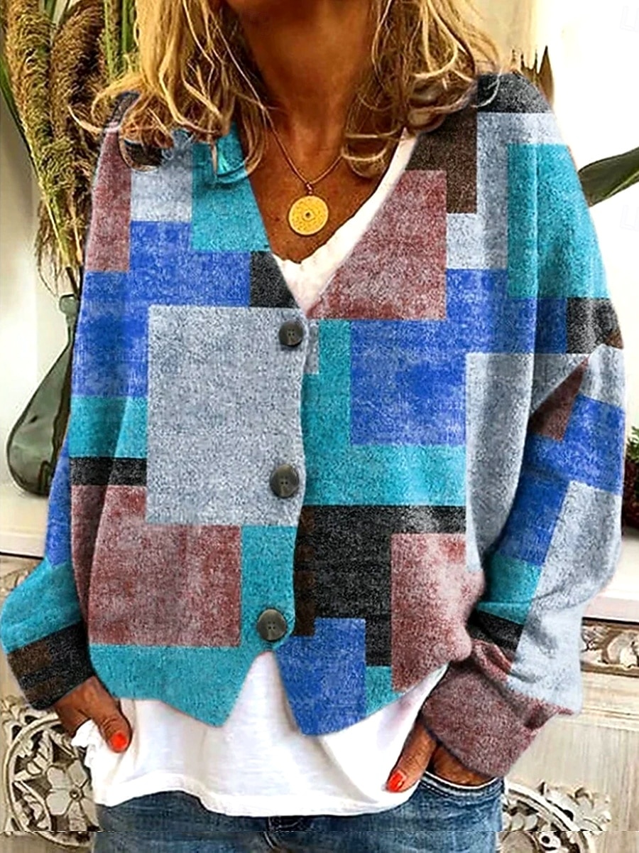 Femmes Pull Cardigan Élégant ancien Mode Graphique Géométrique Col ras du cou Col en V Avec Poches Tricoté Imprimé manche longue Hauts Réguliers Tricoter Extérieur Quotidien Week-end Marron Rouge Bleu de 2025 ? $24.99 –P1
