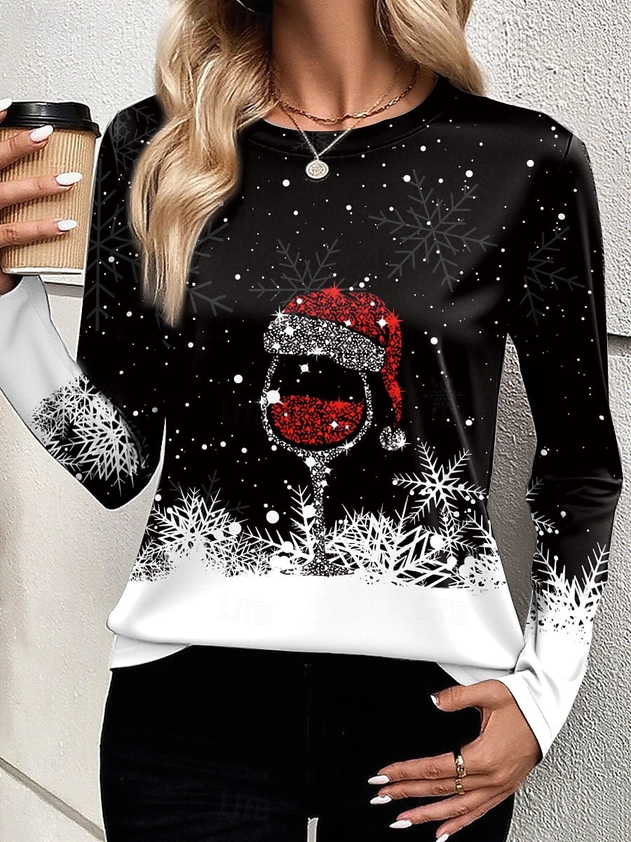 2025年 クリスマス 女性用 Tシャツ グラフィック スノーフレーク柄 ワイングラス ファッション カジュアル 長袖 クルーネック ラウンドネック レギュラートップス 日常 週末 プリント ルビーレッド ブルー パープル グリーン 夏 春 秋 冬  コレクション – $26.99 –P1