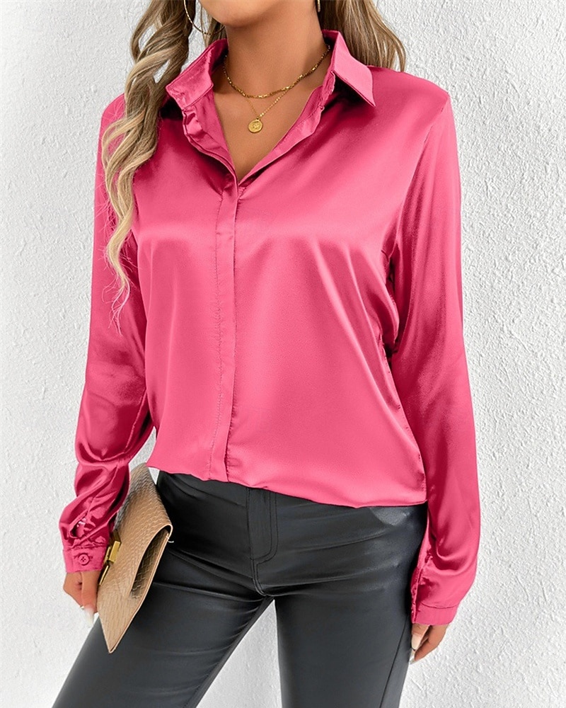Per donna Camicia Camicia in raso Tinta unica Elegante Casual Manica Lunga Colletto a Camicia Top Regolari Quotidiano Uscire Bottoni Rosa Viola Verde Primavera Autunno del 2025 a $16.99 –P11