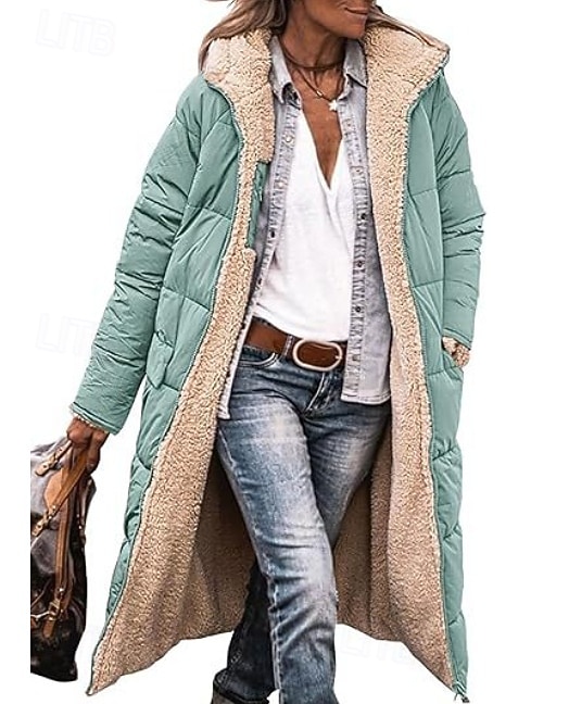 Women's Winter Coat Windproof Warm Open Front Vintage Daily Casual Plain Vacation Casual Daily Open Front Long Hooded Regular Fit Long Sleeve Outerwear Pink Blue Green Fall Winter 2025 - $48.99 –P2