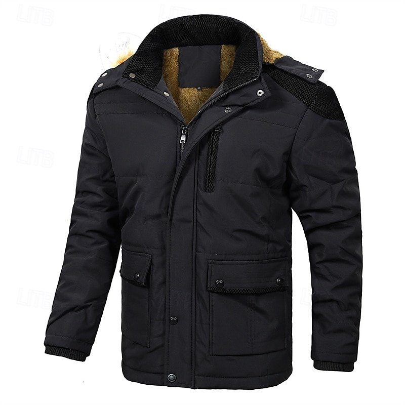Men's Winter Coat Fleece Jacket Parka Pocket Fleece Polyster Vacation Daily Wear Date Regular Fashion Casual Comfortable Thermal Warm Fall Winter Solid / Plain Color Black Khaki Dark Blue Puffer 2025 - $66.99 –P20
