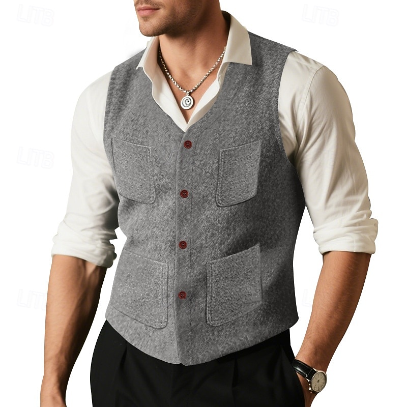 בגדי ריקוד גברים וסט חֲזִיָה Gilet חופשה מפלגה עֵסֶק אופנתי יום יומי אביב סתיו כיס כפתורים פוליאסטר נוח אחיד חזה יחיד כפתור יחיד צווארון V רגיל שחור אפור אֵפוֹד 2025 - $24.99 –P3