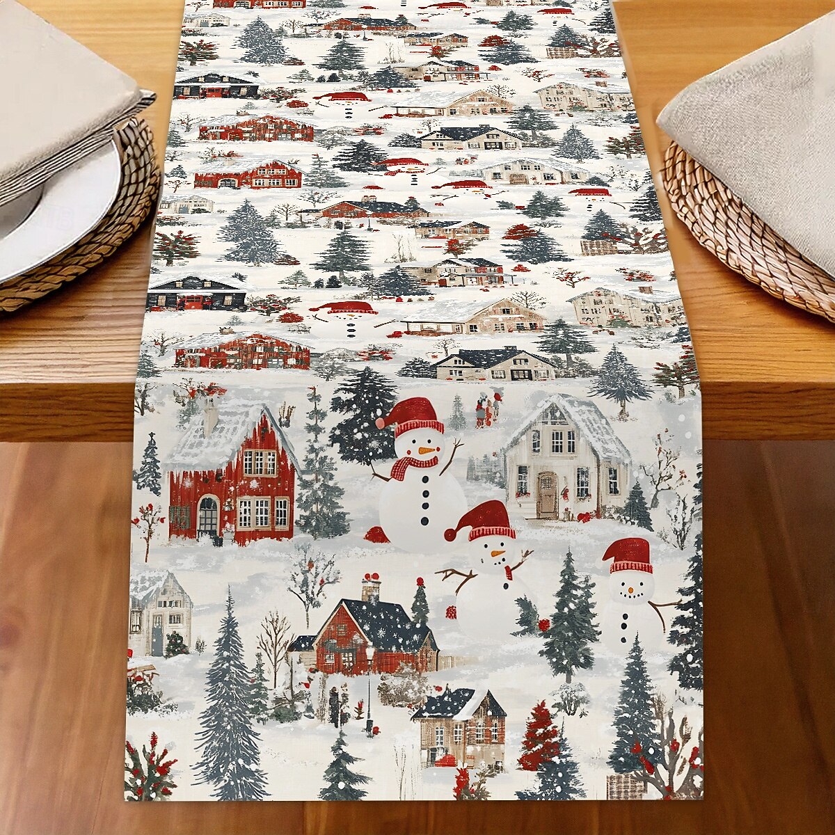 Jul Linneduk Högtids Tecknad Jultomte Snöflinga Tryck Duk Matbord Dekor Vardagsrum Bänkskiva Festlig Dekoration 2025 - $7.99 –P19