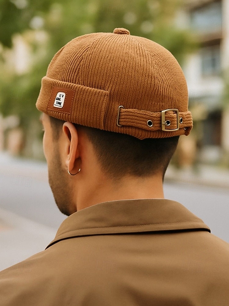 Men's Corduroy Brimless Beanie Hat, Retro Docker Cap with Adjustable Strap, Casual Streetwear Skullcap for Fall and Winter 2025 - $18.99 –P2