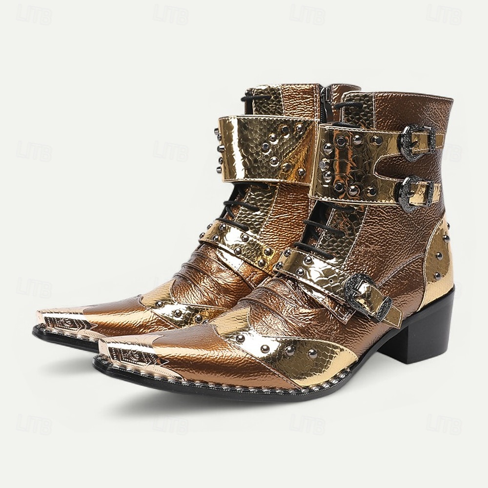 Bottines rétro punk pour homme – en cuir de vachette véritable marron avec rivets et brides à boucle, style rock gothique pour concerts, discothèques et mode moto de 2025 ? $159.99 –P1