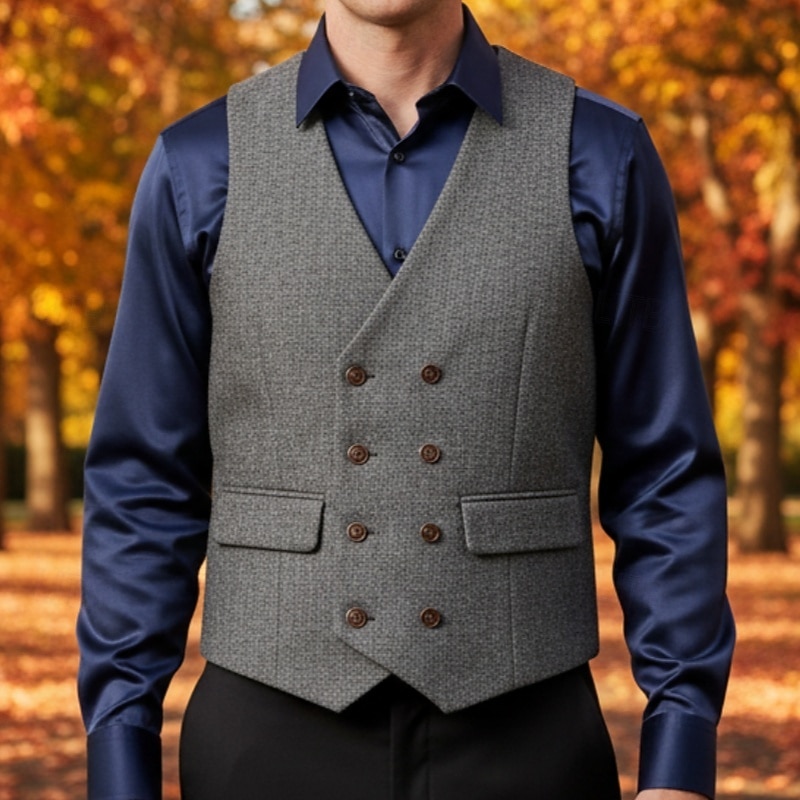 Herren Tweedweste Weste Formell Hochzeit Urlaub Täglich Vintage Mode Frühling Herbst Tasche Knöpfe Polyester Bequem Fischgrätenmuster Einreihig V Ausschnitt Revers Normale Passform Khaki Grau Weste 2026 - $45.99 –P1