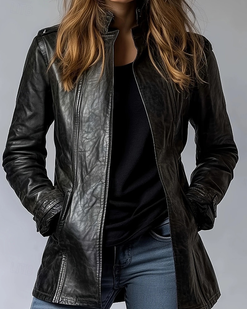 Damen Kunstlederjacke Warm Bequem Reißverschluss Tasche Lässig Einfach Urlaub Ausgehen Wochenende Regulär Stehkragen Normale Passform Langarm Oberbekleidung Schwarz Herbst Winter 2025 - $53.09 –P1