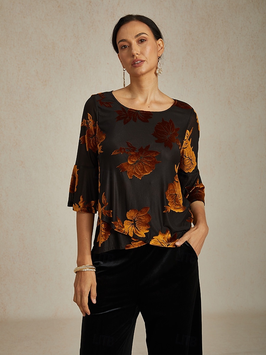 camicetta da donna elegante top in velluto floreale elegante casual girocollo top normali da invitata a nozze quotidiano marrone autunno inverno del 2025 a $59.99 –P1