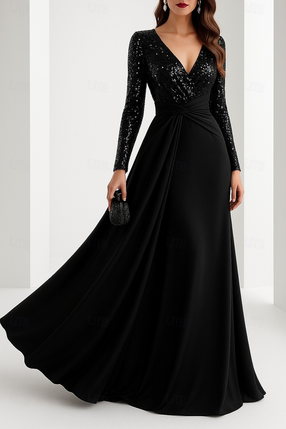 Abendkleid in A-Linie mit schwarzer Krawatte, elegantes Abendkleid für formelle Hochzeiten, bodenlang, lange Ärmel, V-Ausschnitt, Pailletten mit Glitzerfalten 2025 2025 - $149.99 –P1