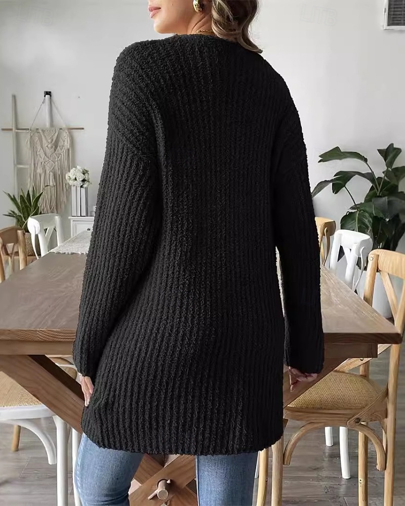 Жен. Вязаная ткань Кардиган Уличный стиль На каждый день Сплошной цвет Открытый перед Карман Трикотаж Длинный рукав Обычные топы Вязать Повседневные На выход выходные Черный Белый Осень Зима 2025 - $39.99 –P9