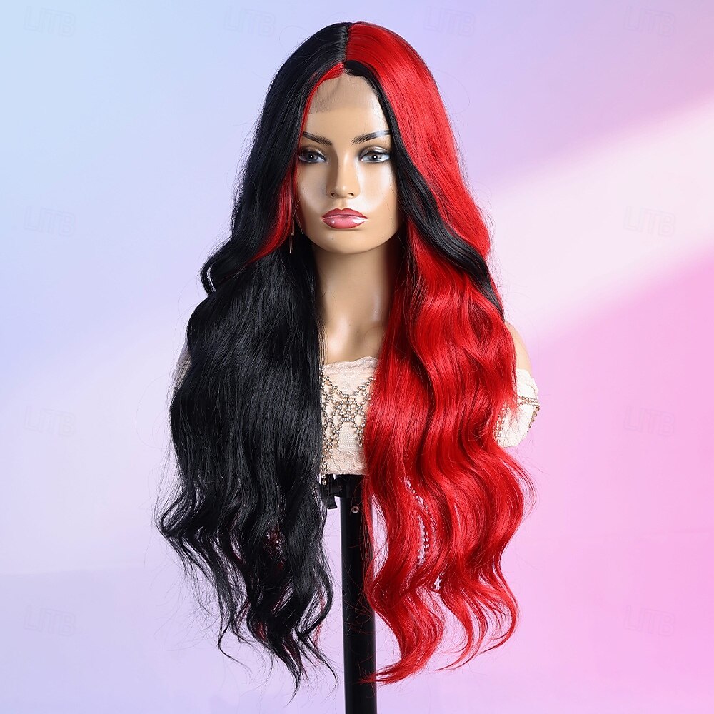 Peruca sintética Ondulado Estilo 28 polegada Multi Cores Parte do meio Parte U Peruca Mulheres Peruca Preto / Vermelho de 2026 por $40.99 –P2