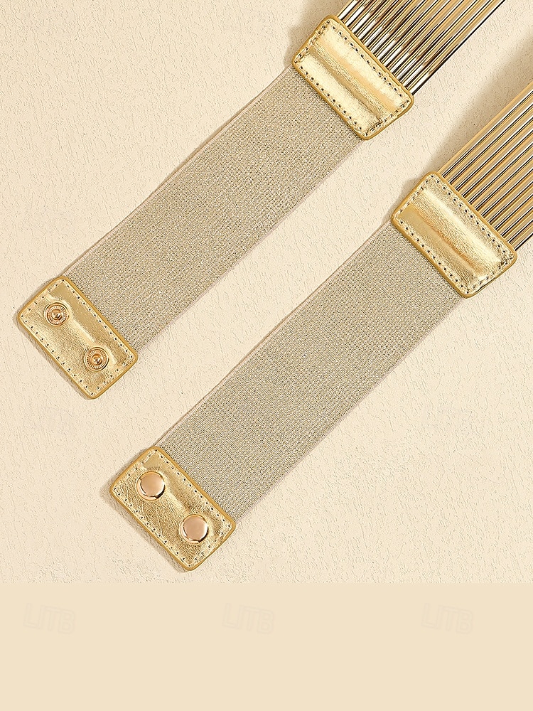 Dambälte i guld, silver och svart - brett metallbälte - elastiskt stretchigt dragsko med tryckknapp, modeaccessoar för klänningar, fester och formella tillfällen 2025 - $11.99 –P9