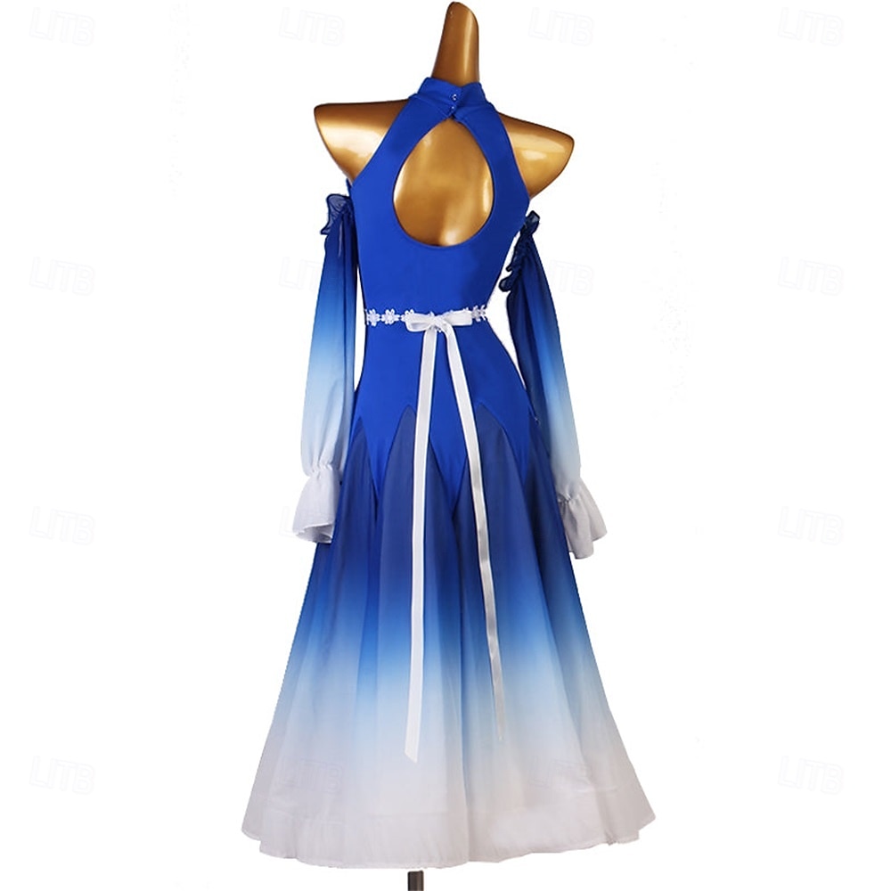 abito da ballo da sala da donna viola sfumato con maniche fluenti, cintura in vita e scollo all'americana, perfetto per balli latini, tango e performance del 2026 a $172.99 –P7