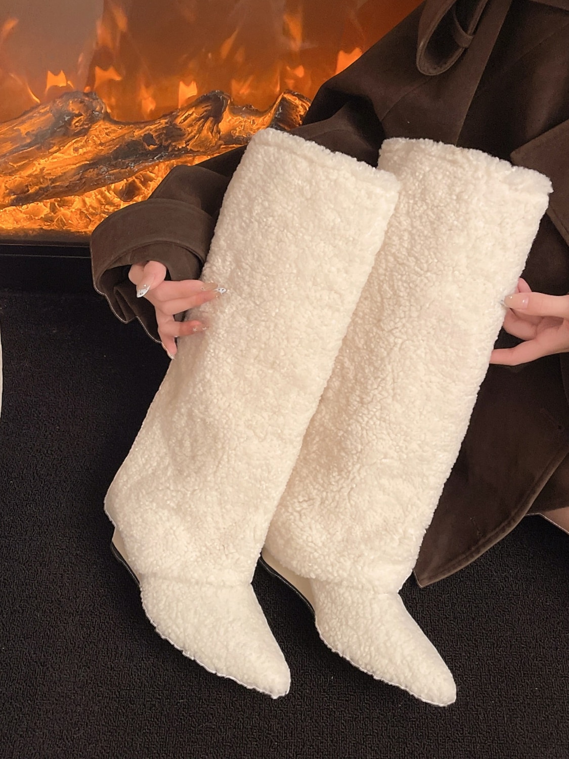 Cizme de damă până la genunchi, albe, din fleece, pantofi de iarnă călduroase și confortabili, cu vârful ascuțit, pentru ținute casual de oraș 2026 - $54.99 –P5