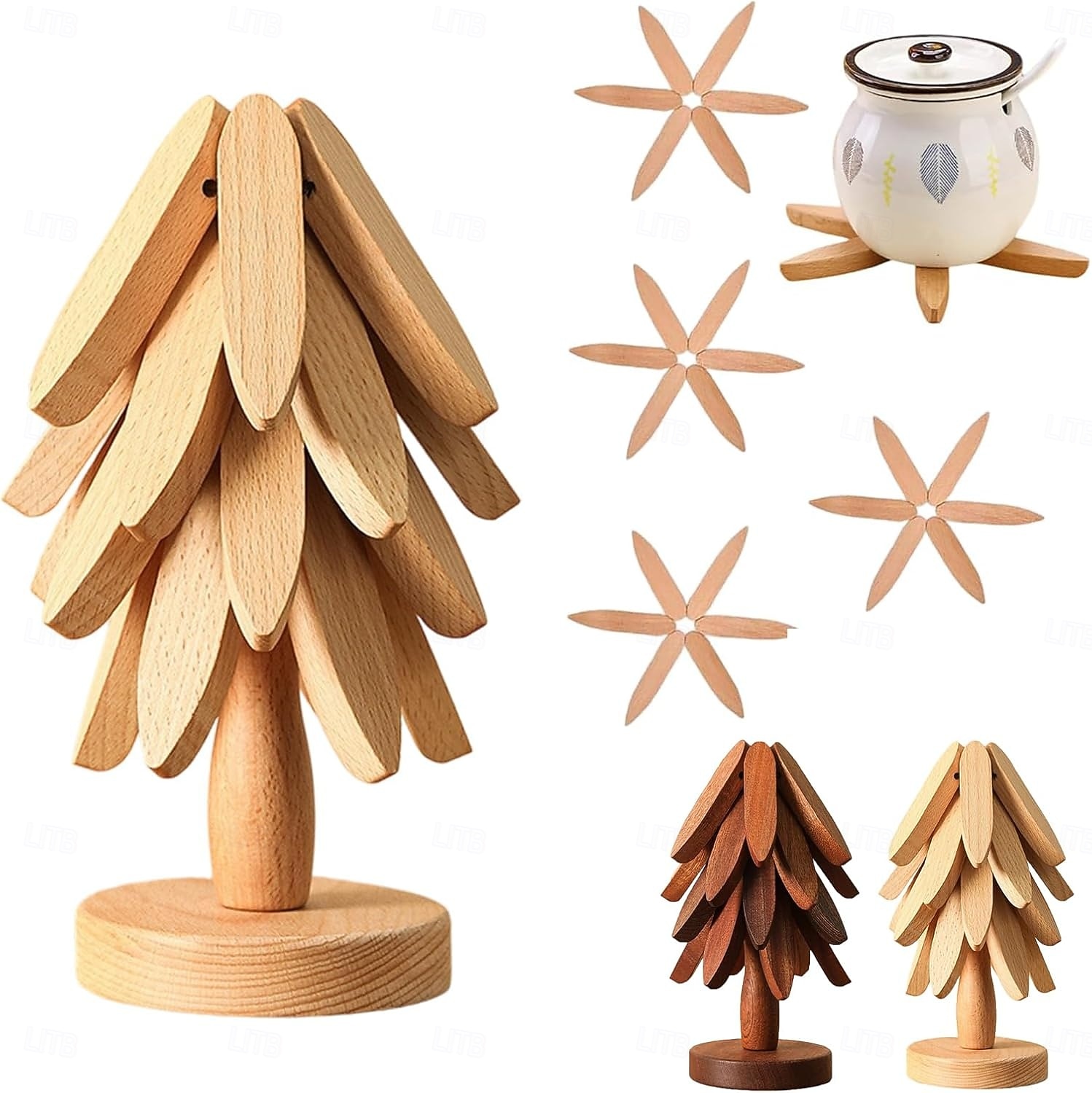 ensemble de dessous de plat en bois naturel, 3/4/5 dessous de plat en bois &1 support comme un sapin de Noël, dessous de plat de cuisine pliable naturel pour casseroles, poêles, bols &théières de 2025 ? $12.99 –P3