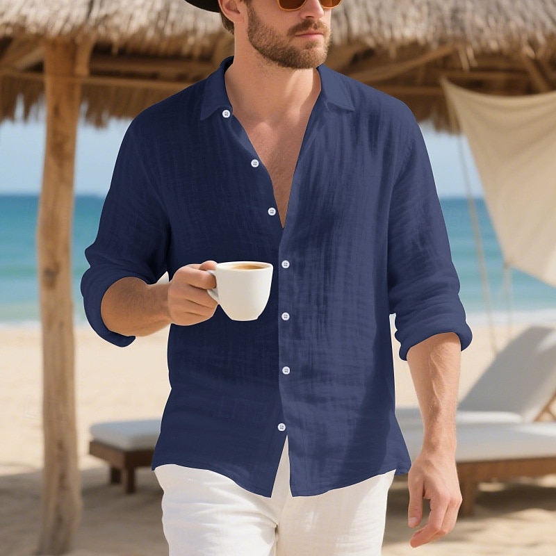 Herren Hemd Leinenhemd Freizeithemd Knopfhemd Baumwollhemd Einfach Urlaub Hawaiianisch Schwarz Weiß Gelb Marineblau Langarm Revers Frühling Herbst Bekleidung 2025 - $19.49 –P8