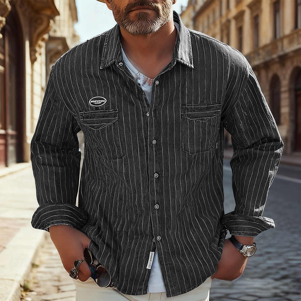 Herren Hemd Sommerhemd Freizeithemd Strandhemd Knopfhemd Schwarz Blau Langarm Gestreift Revers Urlaub Hawaiianisch Tasche Bekleidung Polyester Mode Lässig Bequem 2026 - $39.99 –P4