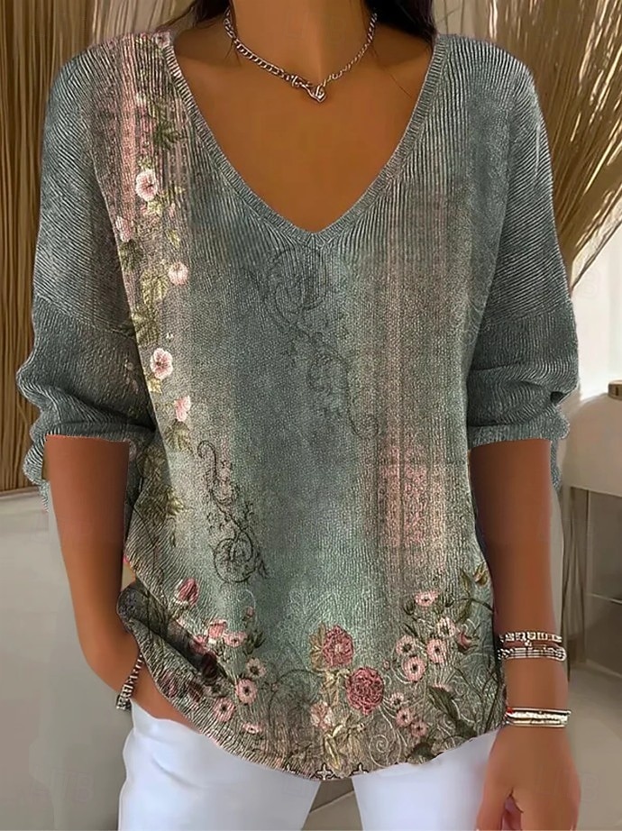 Femmes Pull Élégant Mode Streetwear Fleuri Graphique Col en V Tricoté manche longue Hauts Réguliers Tricoter Week-end Noir Vert Claire Printemps Automne de 2025 ? $29.99 –P3