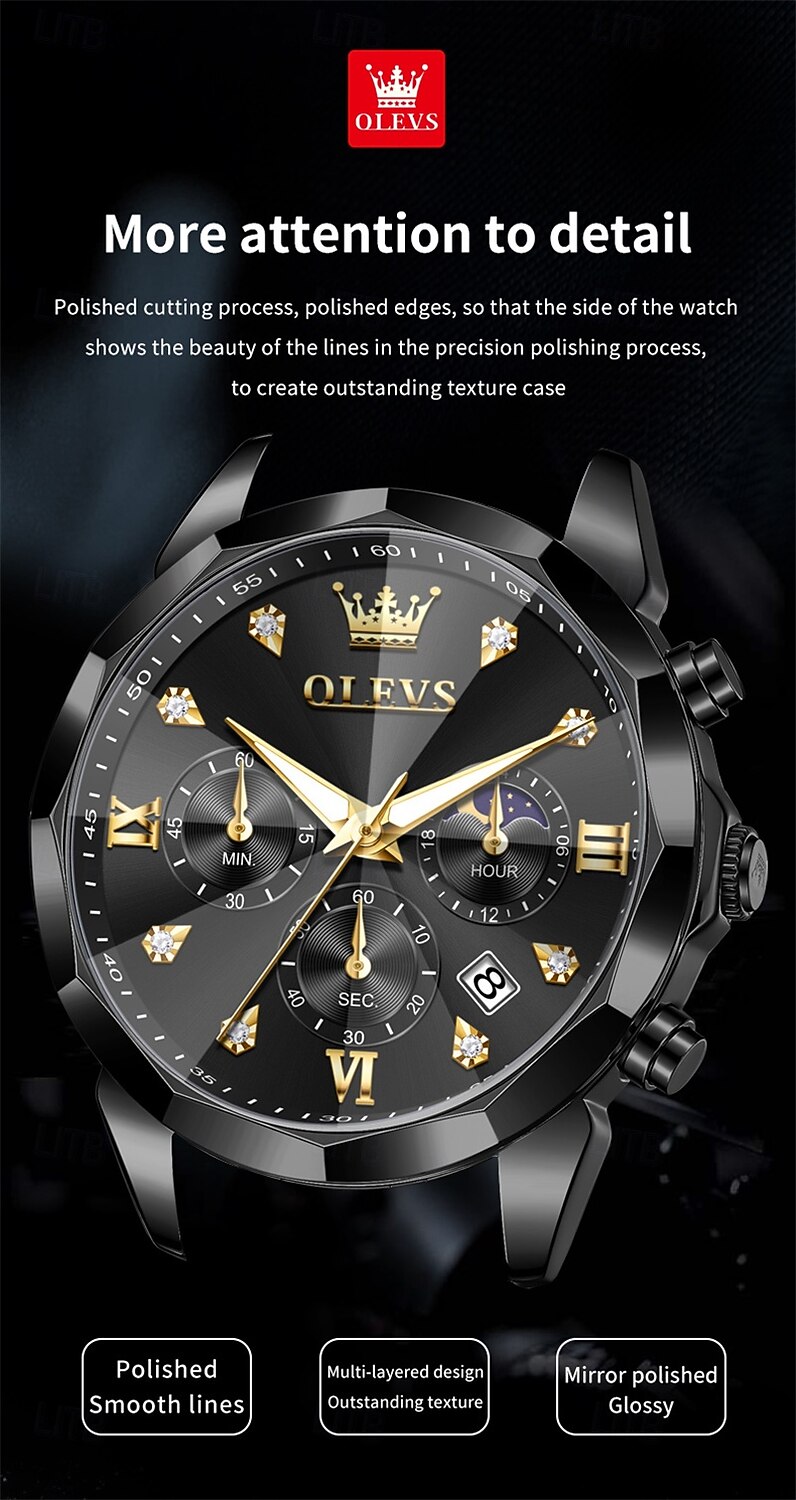 The New Olevs Men'S Business Watch With Luminous Calendar Small Three-Hand Moon Phase Display Multi-Functional Quartz Watch Waterproof Casual And Fashionable Men'S Sports Wristwatch 2025 - $34.99 –P5