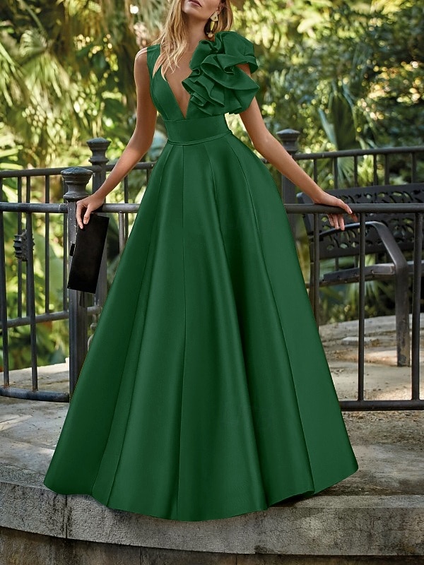 A-Line Floor Length Prom Dresses Evening Gown Ball Gown Formal Dress Elegant Party Sleeveless V Neck Formal Wedding Guest Satin with Shouder Flower 2026 - $183.99 –P5