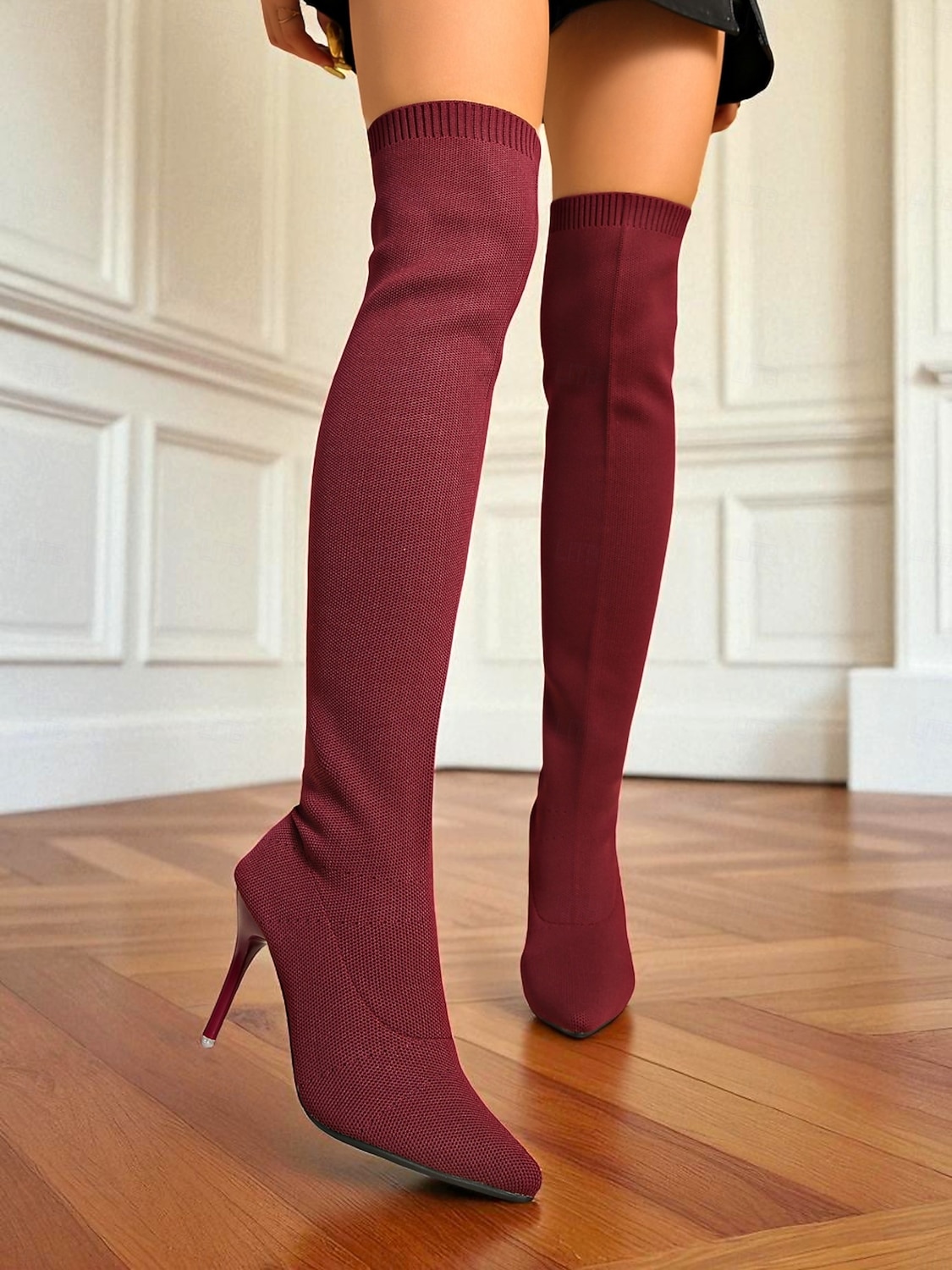 מגפי אופנתיים שחורים סריג מעל הברך עם עקב סטילטו לנשים - מגפיים אלגנטיים נמתחים עד הירכיים למסיבות ערב, מועדונים ואירועים רשמיים 2026 - $46.99 –P6