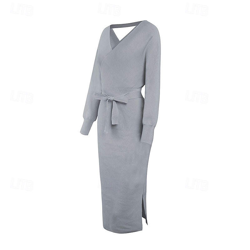 Dámské Midi šaty Svetrové šaty Pletené šaty Elegantní Módní Moderní Netopýří rukávy Dovolená Denní Jdeme ven Běžný Bez vzoru Dlouhý rukáv Do V Černá Rubínově červená Khaki Šedá Podzim Zima 2025 - $41.99 –P13