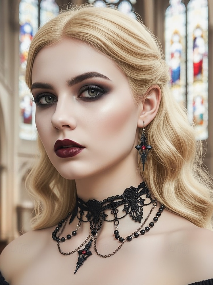 Zestaw damski naszyjnik i kolczyki w stylu gotyckim z koronką na Halloween – czarna koralikowa biżuteria wampirza na imprezę kostiumową i cosplay 2025 - $11.99 –P2