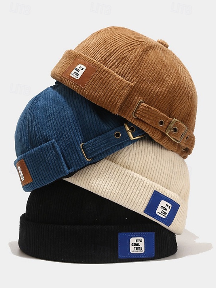 Men's Corduroy Brimless Beanie Hat, Retro Docker Cap with Adjustable Strap, Casual Streetwear Skullcap for Fall and Winter 2025 - $18.99 –P3