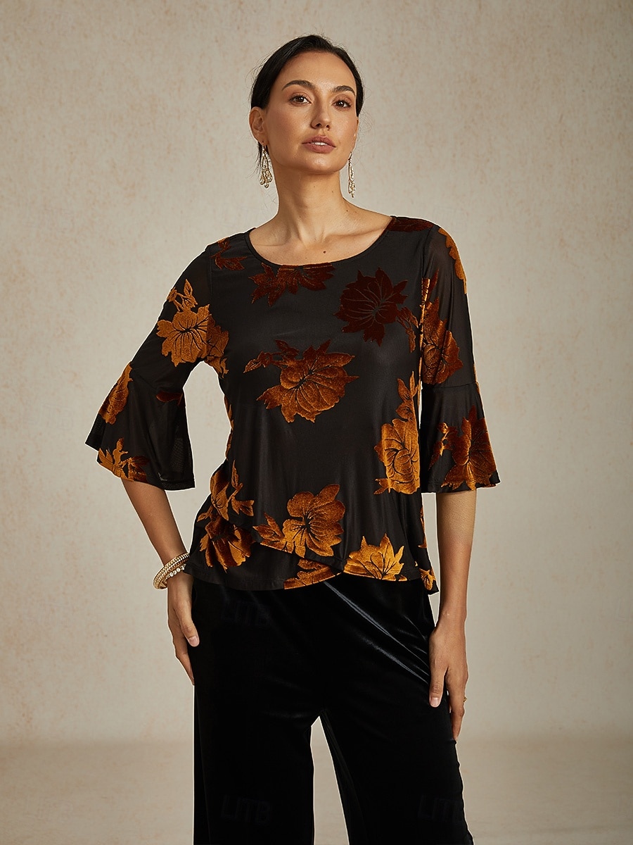 camicetta da donna elegante top in velluto floreale elegante casual girocollo top normali da invitata a nozze quotidiano marrone autunno inverno del 2025 a $59.99 –P7
